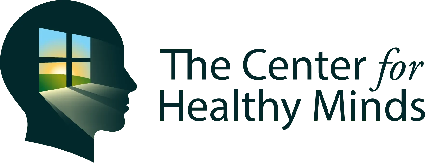 Logo of The Center for Healthy Minds featuring an open window with sunlight shining through, casting shadows on the windowsill, and the text 'The Center for Healthy Minds' next to the graphic.