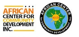 Logo of the African Center for Community Development Inc., featuring the organization’s name in black and orange text and a circular emblem with an African map and green text.