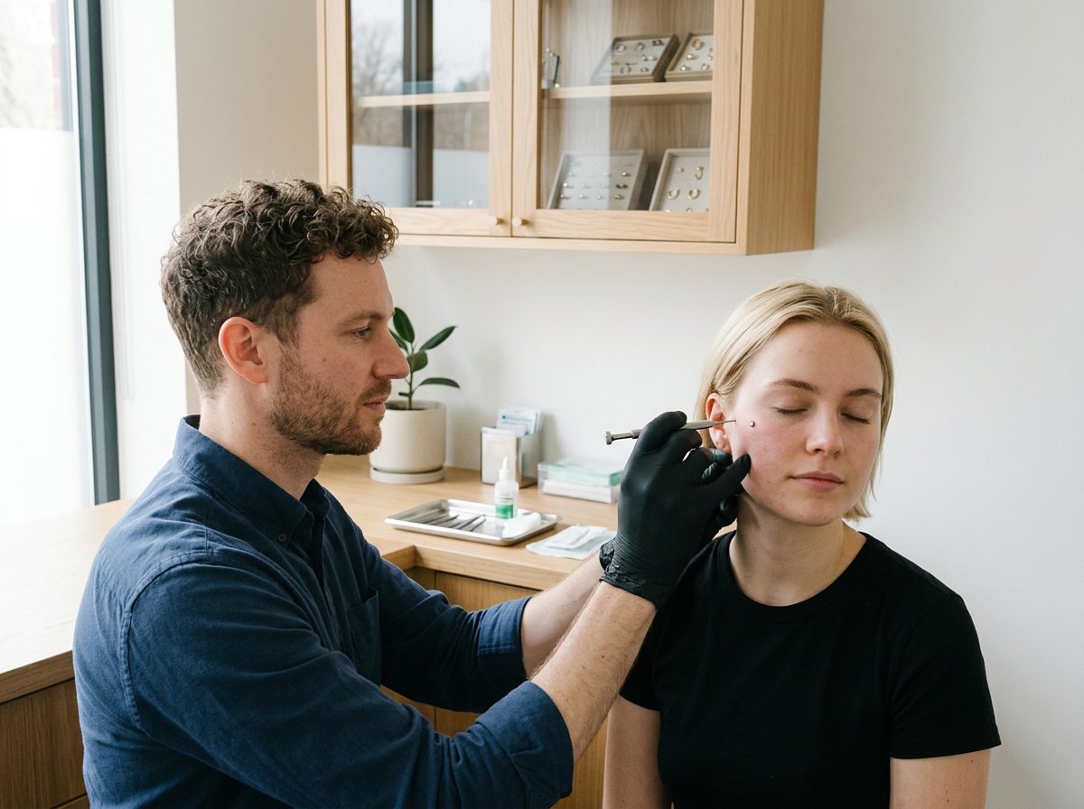 Un médecin pratique une injection ou un traitement dermatologique sur le visage d'une femme dans un cabinet médical.