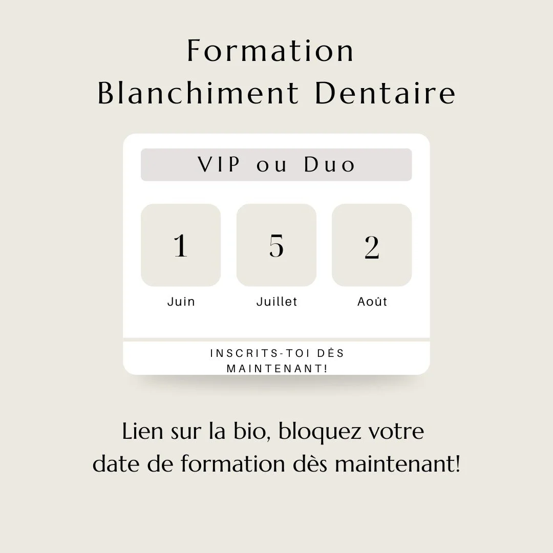 ✨ Formation Blanchiment Dentaire &ndash; en VIP ou Duo
Offrez &agrave; vos client&middot;e&middot;s un sourire &eacute;clatant gr&acirc;ce &agrave; une m&eacute;thode professionnelle, douce et efficace.

🌿 Formation sur 1 jour, encadrement exclusif
