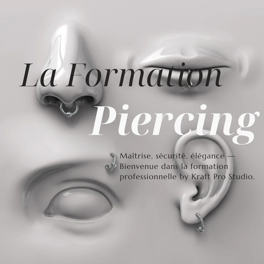 💎 La Formation Piercing chez Kraft Pro Studio
Devenir pierceur&middot;se professionnel&middot;le, c&rsquo;est bien plus que poser un bijou.
C&rsquo;est ma&icirc;triser chaque geste, comprendre l&rsquo;anatomie, garantir la s&eacute;curit&eacute;, et