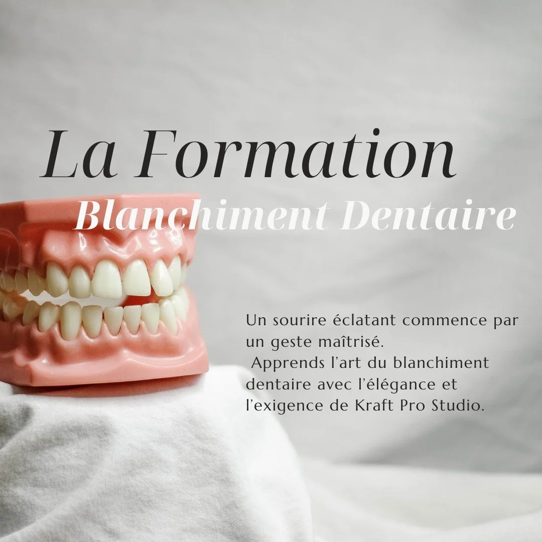 🦷 La Formation Blanchiment Dentaire &ndash; Kraft Pro Studio
Le sourire est la premi&egrave;re chose qu&rsquo;on remarque.
Offre &agrave; tes client&middot;e&middot;s une m&eacute;thode douce, efficace et surtout professionnelle.

Notre formation co