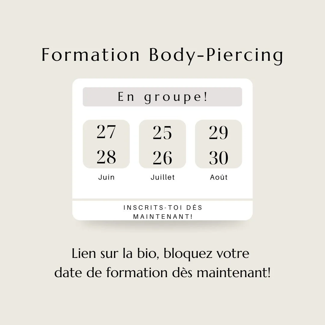 📅 Les prochaines dates de formation Body-Piercing sont ouvertes !
Tu veux te lancer ? Professionnaliser ta pratique ?
Apprends les gestes justes, les r&egrave;gles d&rsquo;hygi&egrave;ne strictes et la posture pro dans un cadre haut de gamme.

✨ Pro