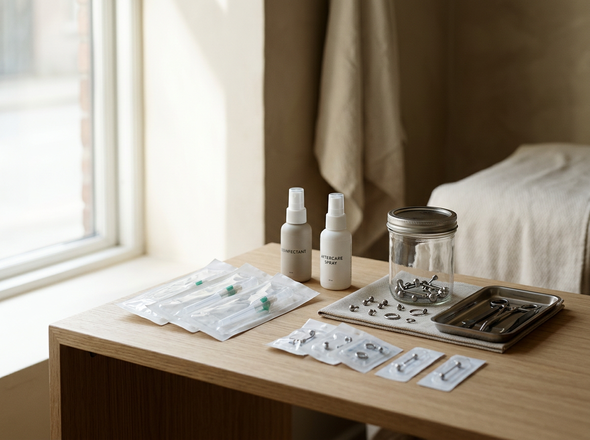 Une table en bois avec des échantillons chirurgicaux, des flacons de spray désinfectant, et des sachets contenant des aiguilles ou des outils médicaux, près d'une fenêtre dans une pièce bien éclairée.