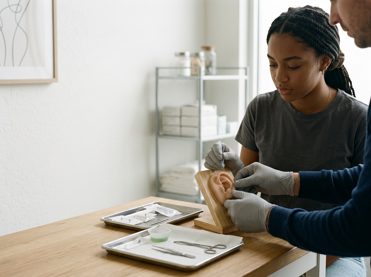 Une femme et un homme pratiquent une incision sur une reproduction en plastique d'oreille dans un environnement médical ou de formation.