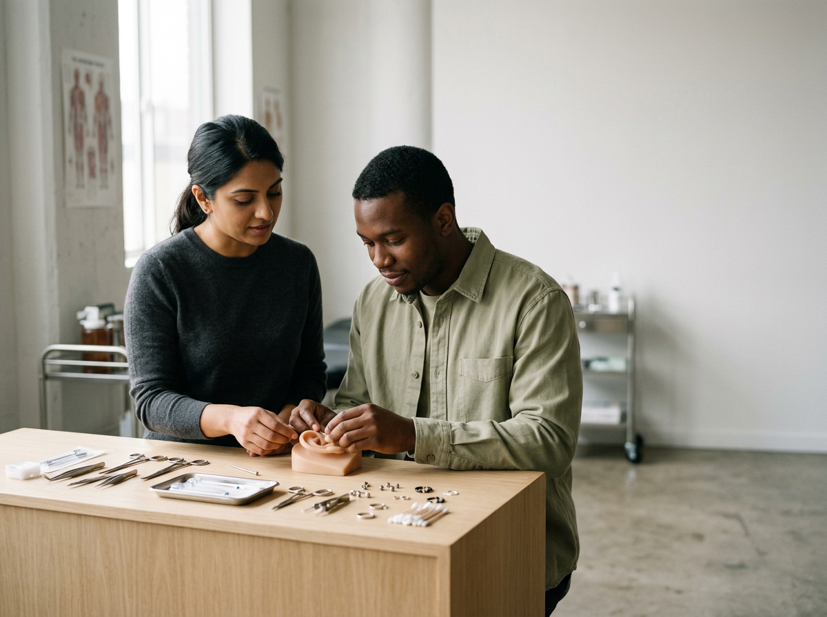 Deux personnes, un homme et une femme, travaillant ensemble sur un modèle de main en plastique dans un environnement médical ou de formation, avec divers outils de travail sur une table en bois.