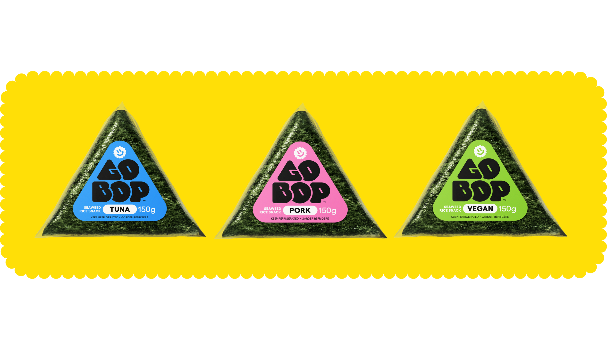 Three triangular packages of Go-bop seaweed rice snacks in blue, pink, and green, labeled tuna, pork, and vegan, respectively, with a yellow background.