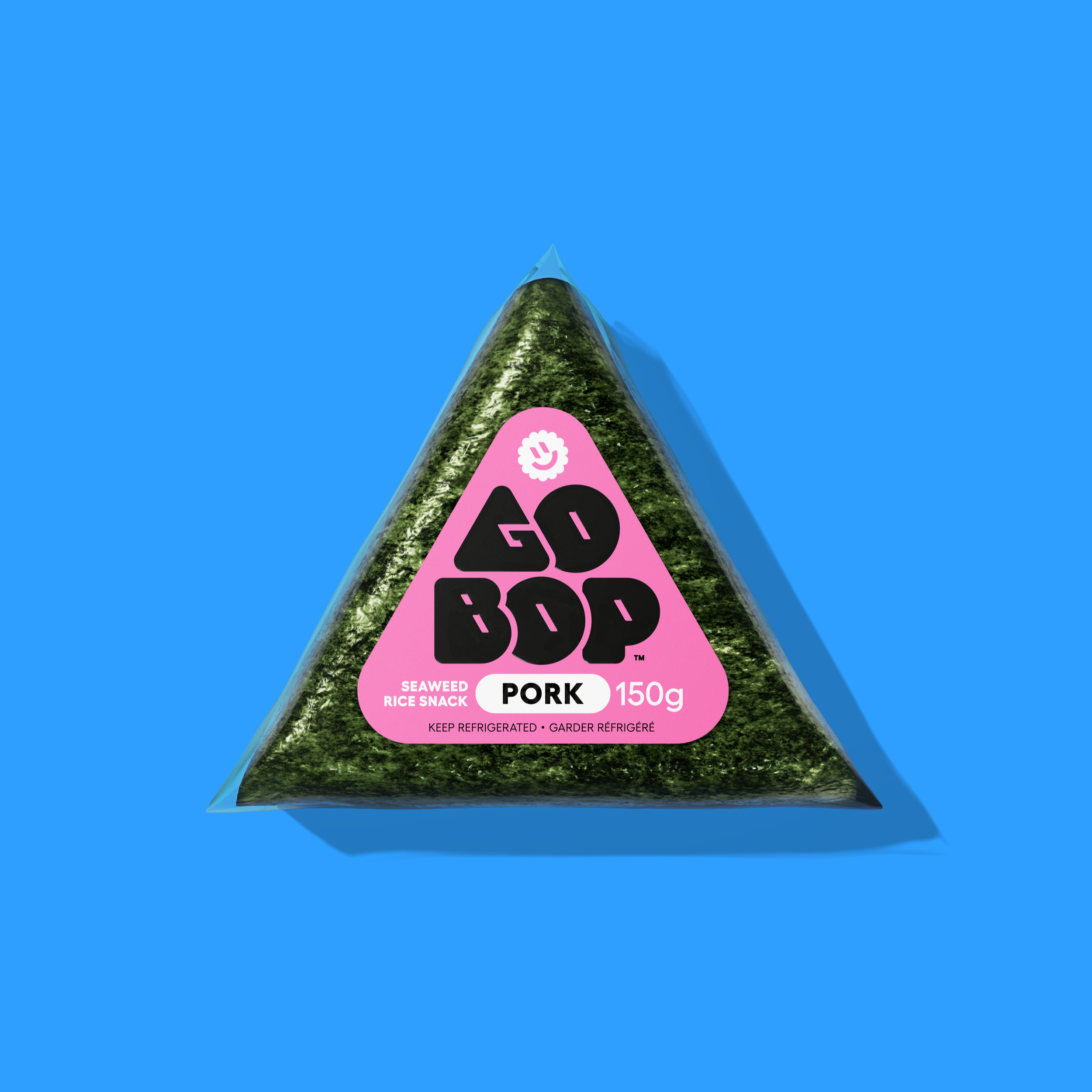 Pork flavour Go-bop with pink label on a blue background.