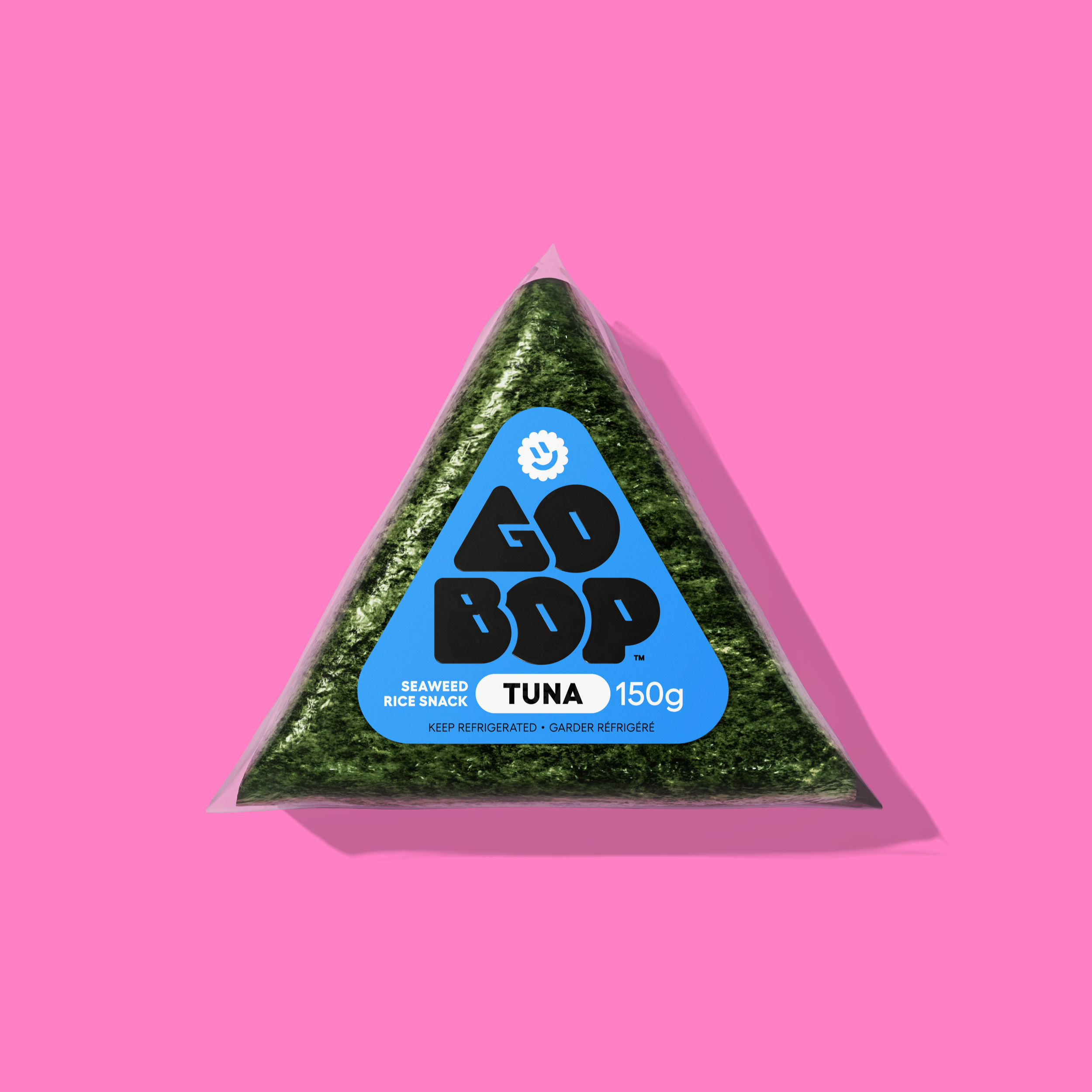 Tuna flavour Go-bop with blue label on a pink background.