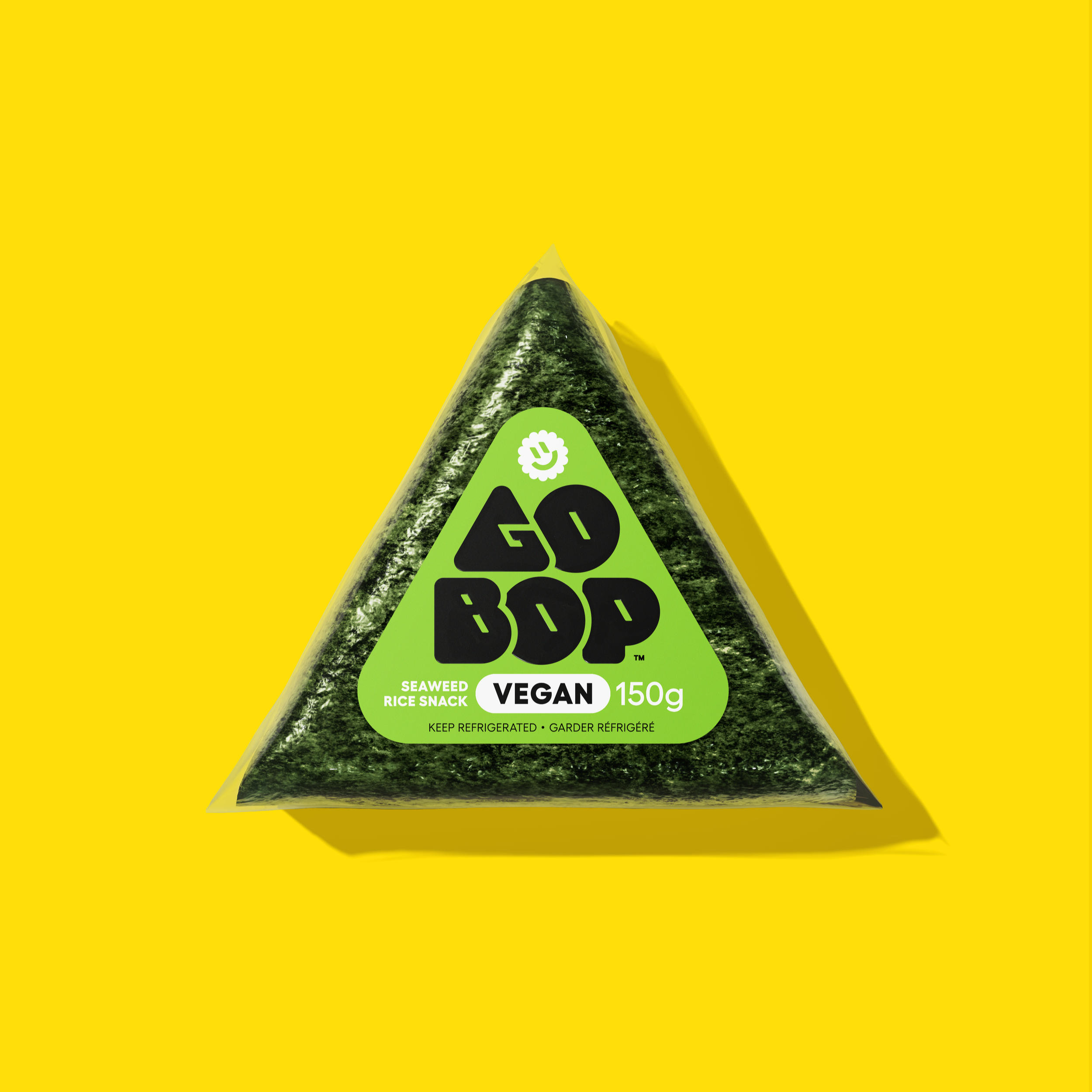 Vegan flavour Go-bop with green label on a yellow background.