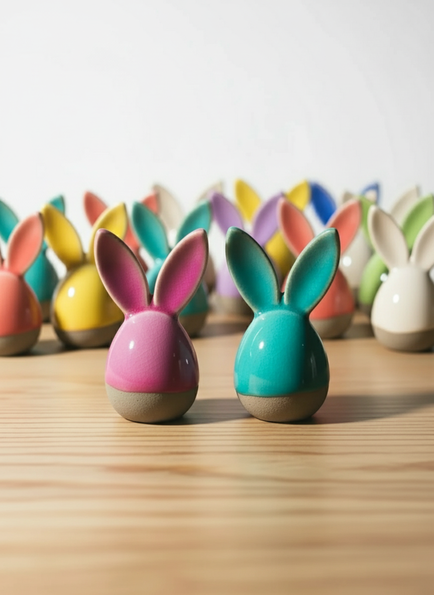 Colorful ceramic bunny figurines arranged on a wooden surface with a white background.