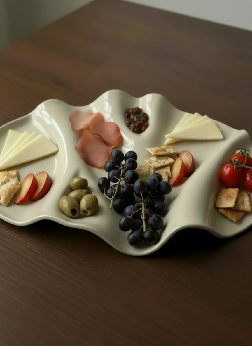 A white ceramic serving platter with separate compartments holding cheese slices, sliced apples, grapes, crackers, cherry tomatoes, ham, and jam, placed on a wooden table.