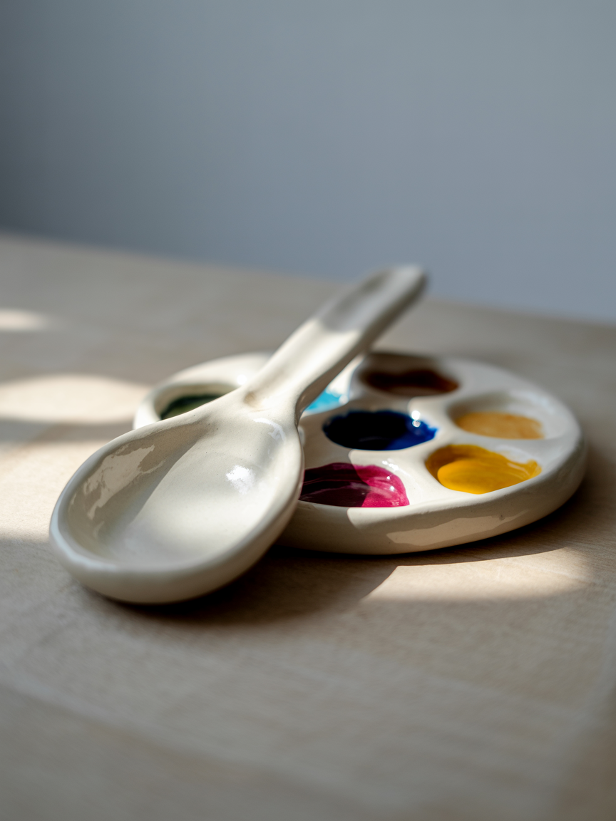 A ceramic palette with six wells of watercolor paints in black, blue, yellow, red, and orange, with a white ceramic spoon resting on top of it, placed on a wooden surface.