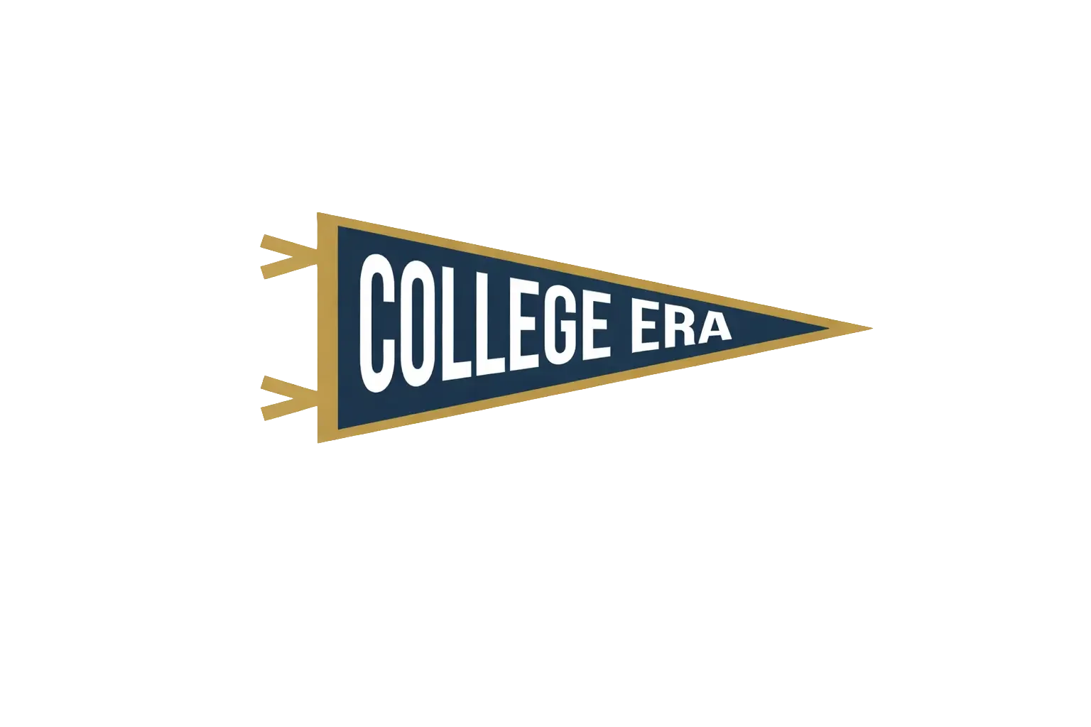 A pennant-shaped sign with a navy blue background, white text reading "College Era," and gold trim and accents.