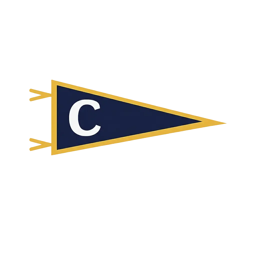 A pennant flag with the letter 'C' on it, navy blue with yellow border, likely a sports or school team banner.