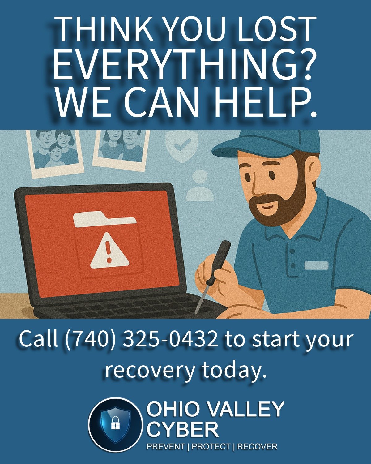 💾 Lost files? Crashed hard drive?
We recover documents, family photos, and critical business files from damaged or failing computers.
🧠 If we can&rsquo;t recover it, you don&rsquo;t pay.
🔍 Fast, secure, and local
📂 Get peace of mind: (740) 325-04