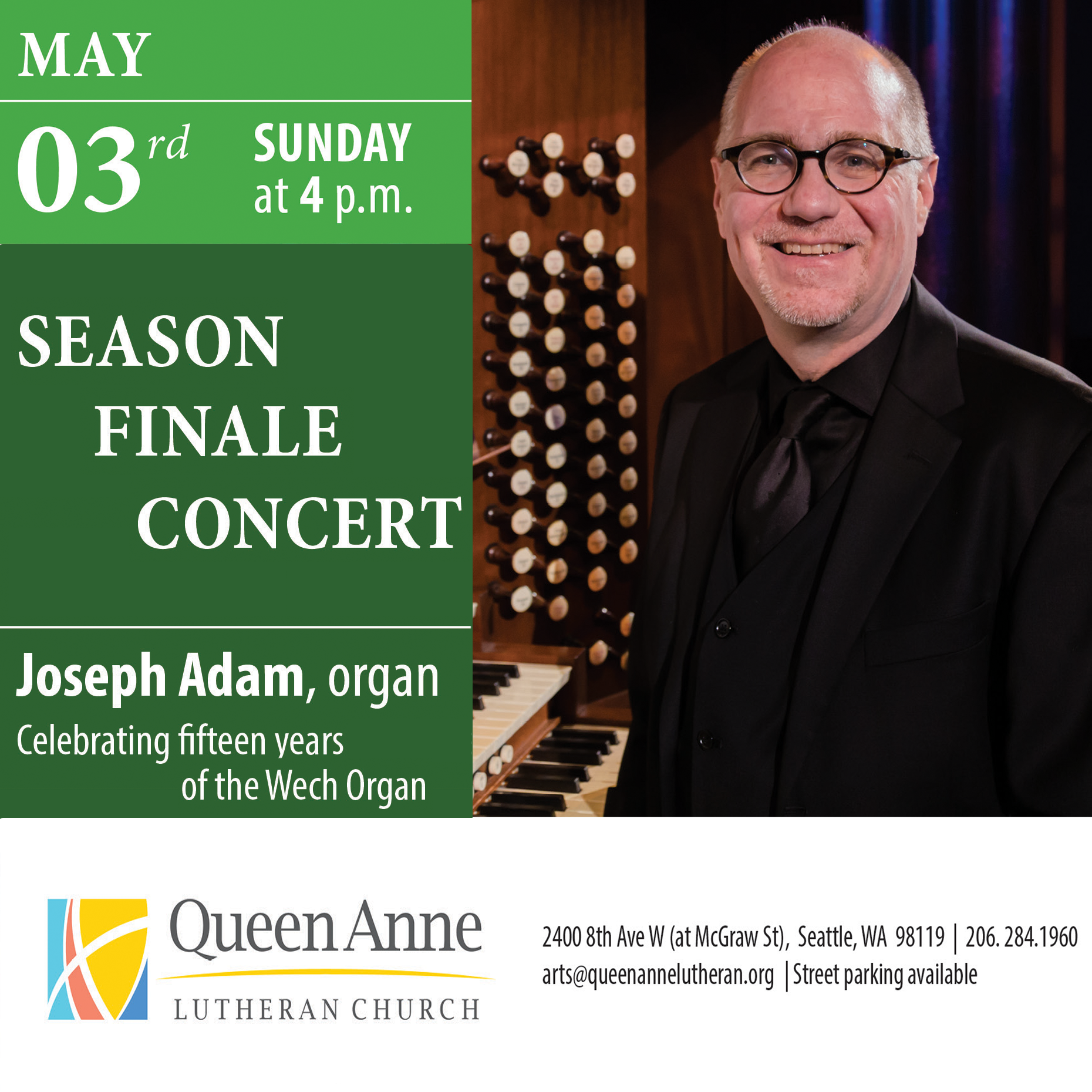 May 3 at 4PM with photo of Joseph Adam, organist
