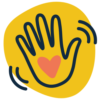 Illustration of a hand with a heart in the palm, waving, on a yellow circular background.