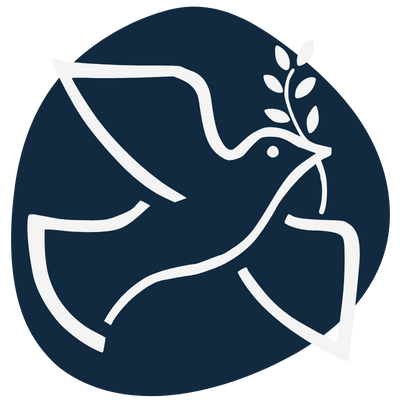 Line drawing of a bird holding an olive branch inside a circle.