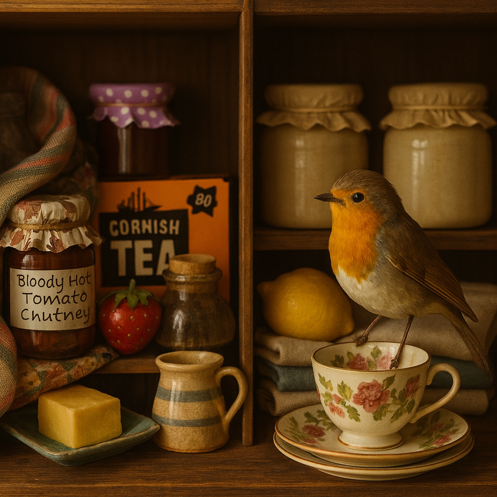 Rustic country kitchen table with fresh bread, folded linen, a vase of wildflowers, and a red robin perched on a wicker basket.