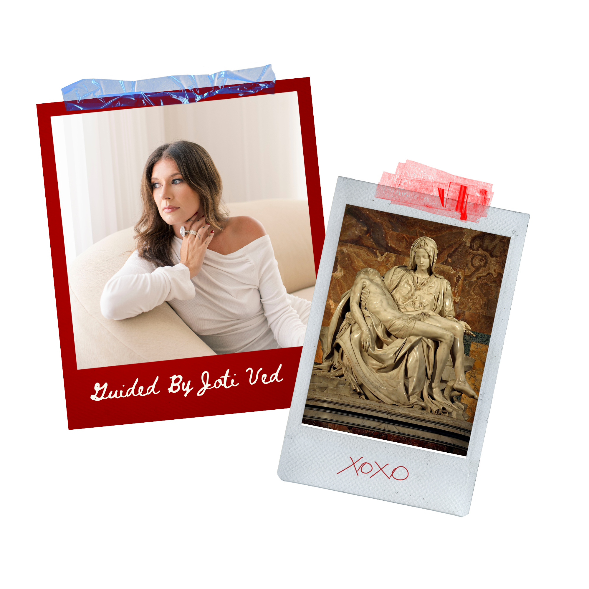 Collage of two photographs, one of a woman sitting on a beige couch with short brown hair wearing a white off-the-shoulder top, and the other of Michelangelo's sculpture of the Pietà, with "Xoxo" handwritten on a Polaroid frame.