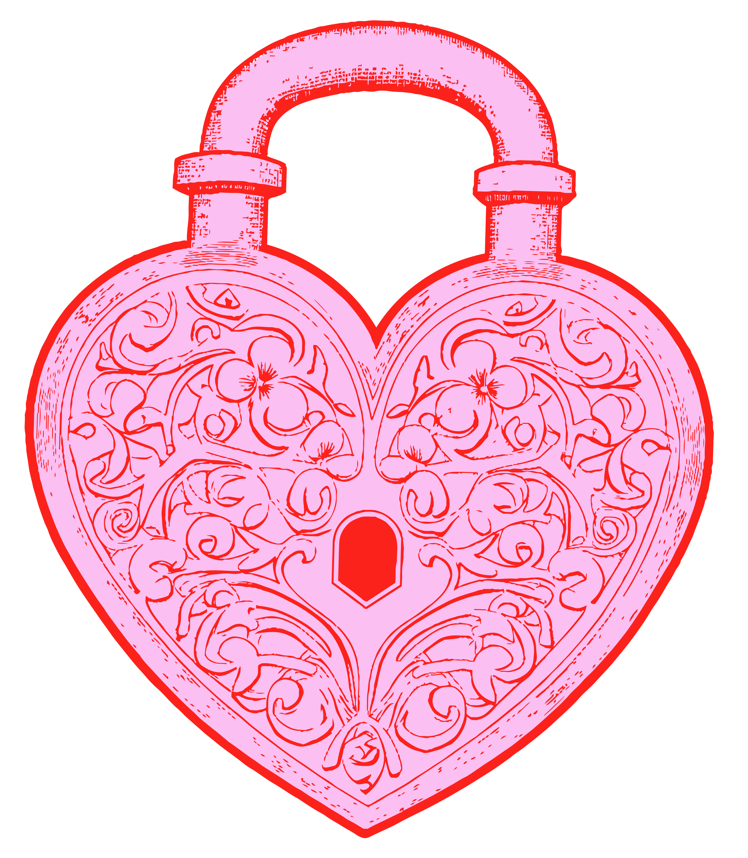 A pink and red heart-shaped padlock with intricate floral and vine designs inside.