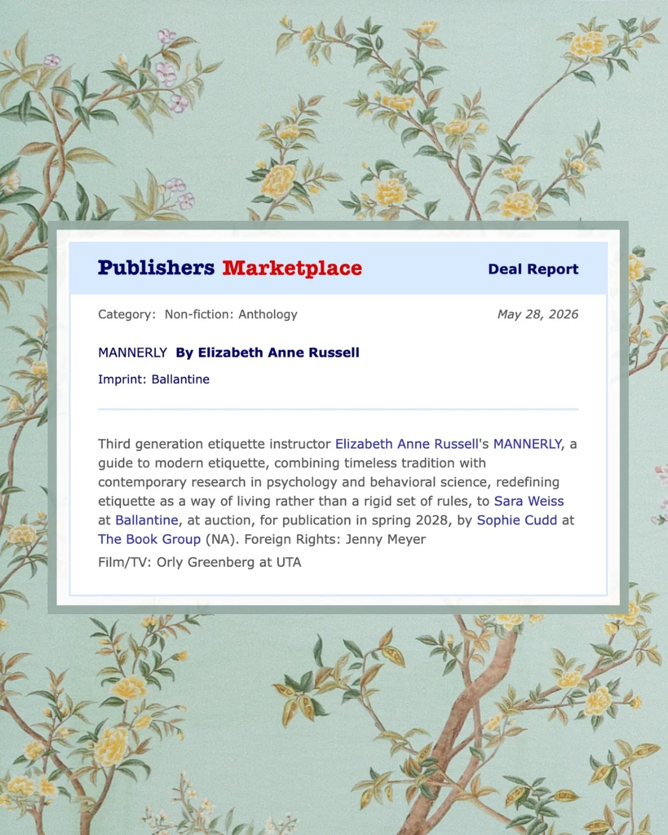 I am beyond grateful to share that my book, MANNERLY, has found its perfect home with @ballantinebooks - an imprint of @penguinrandomhouse 

As a third-generation etiquette instructor, this is a dream generations in the making, and I truly cannot wai