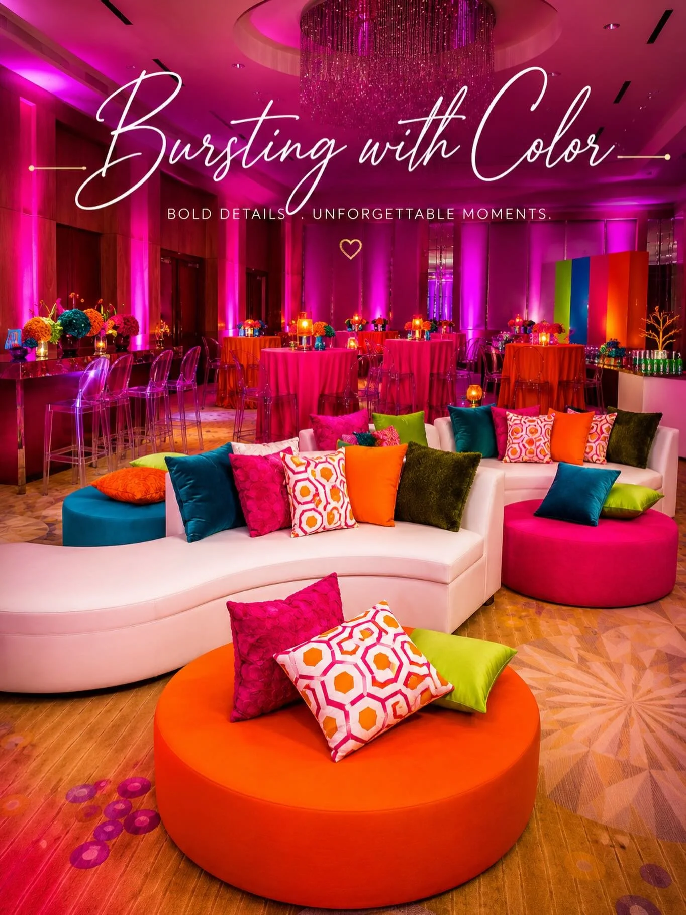 Celebrations live in color make guests smile and create a room full of energy. #mitzvahplanner #weddingplannermiami #liveincolor