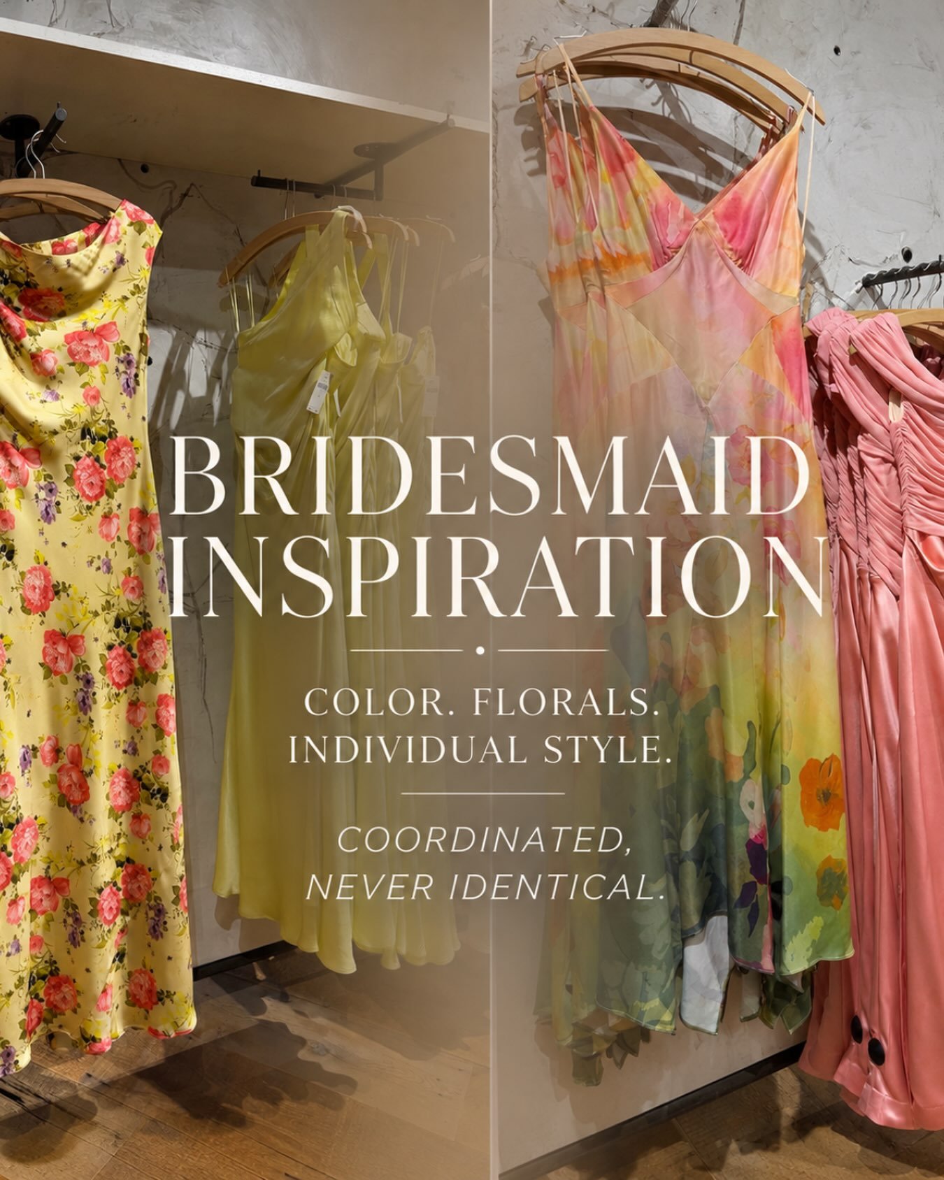 Wandered in Anthropologie&rsquo;s wedding shop and I&rsquo;m obsessed , mismatched  bridesmaid dresses are having such a moment &mdash; florals, watercolor prints, soft pinks, all in the same color family but nobody matching exactly. Exactly five, pe