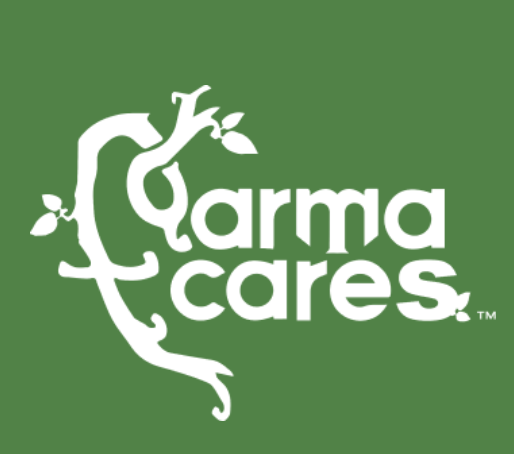 Green background with white text and logo for Karma Cares, featuring a stylized tree with leaves.