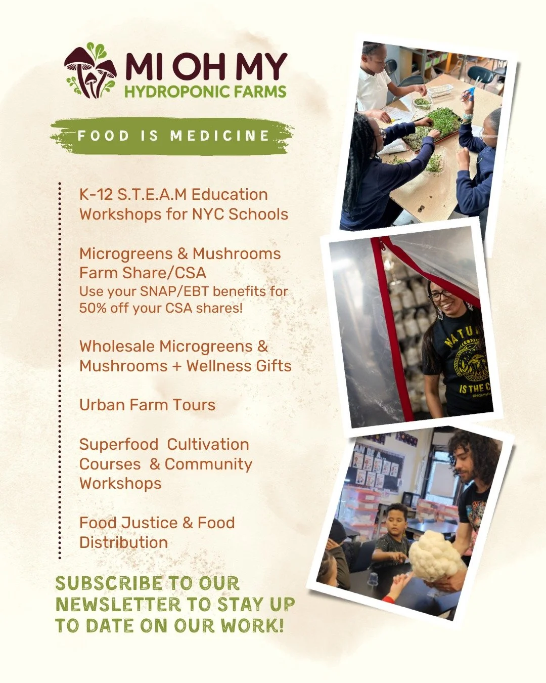 🌱 Stay rooted in community, fresh, healthy food, and urban farming magic! 

Subscribe to the Mi Oh My Farms newsletter for updates on our K-12 workshops, farm tours, CSA shares, events, and more @ MiohMyFarms.com/contact or Link in Bio! 
 
#UrbanFar