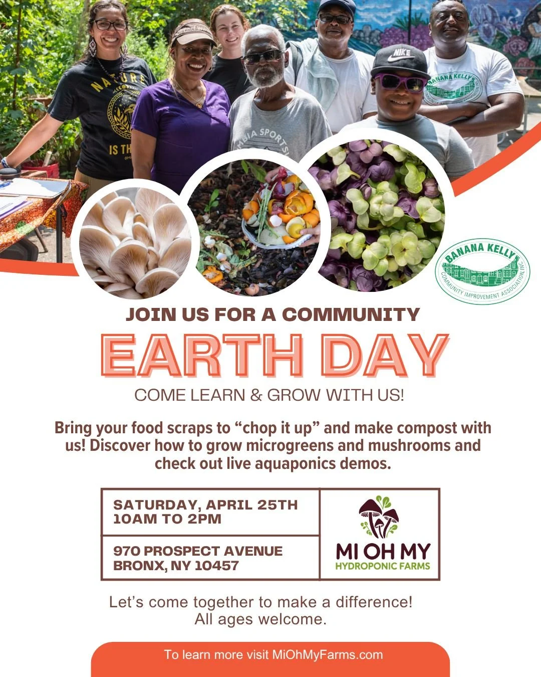 Join our Community Earth Day celebration at Mi Oh My Farms &mdash; bring your food scraps to &ldquo;chop it up&rdquo; and help us make compost, learn how microgreens and mushrooms are grown, and enjoy live aquaponics demonstrations. 

4/25 &bull; 11 