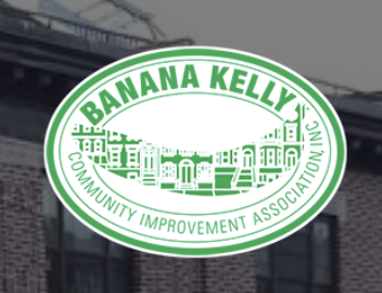 Logo for Banana Kelly Community Improvement Association featuring a green circular border with cityscape illustration inside.