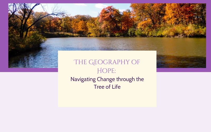 The Geography of Hope blog image with autumn trees reflecting in water