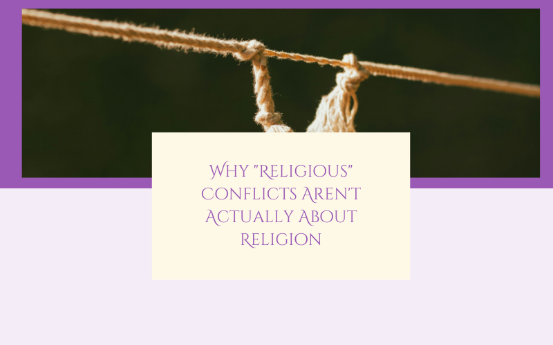 wo different woven cords overlapping and tangling together, representing how cultural identity and spiritual belief become inextricably knotted during conflict.