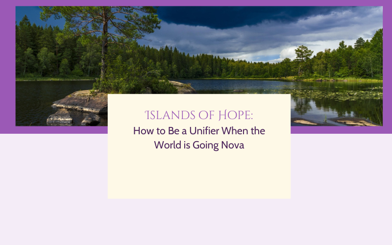 A lush, green island pathway cutting through a sharp, split landscape of cracked earth and stormy skies, symbolizing an island of hope and unity in a divided world.