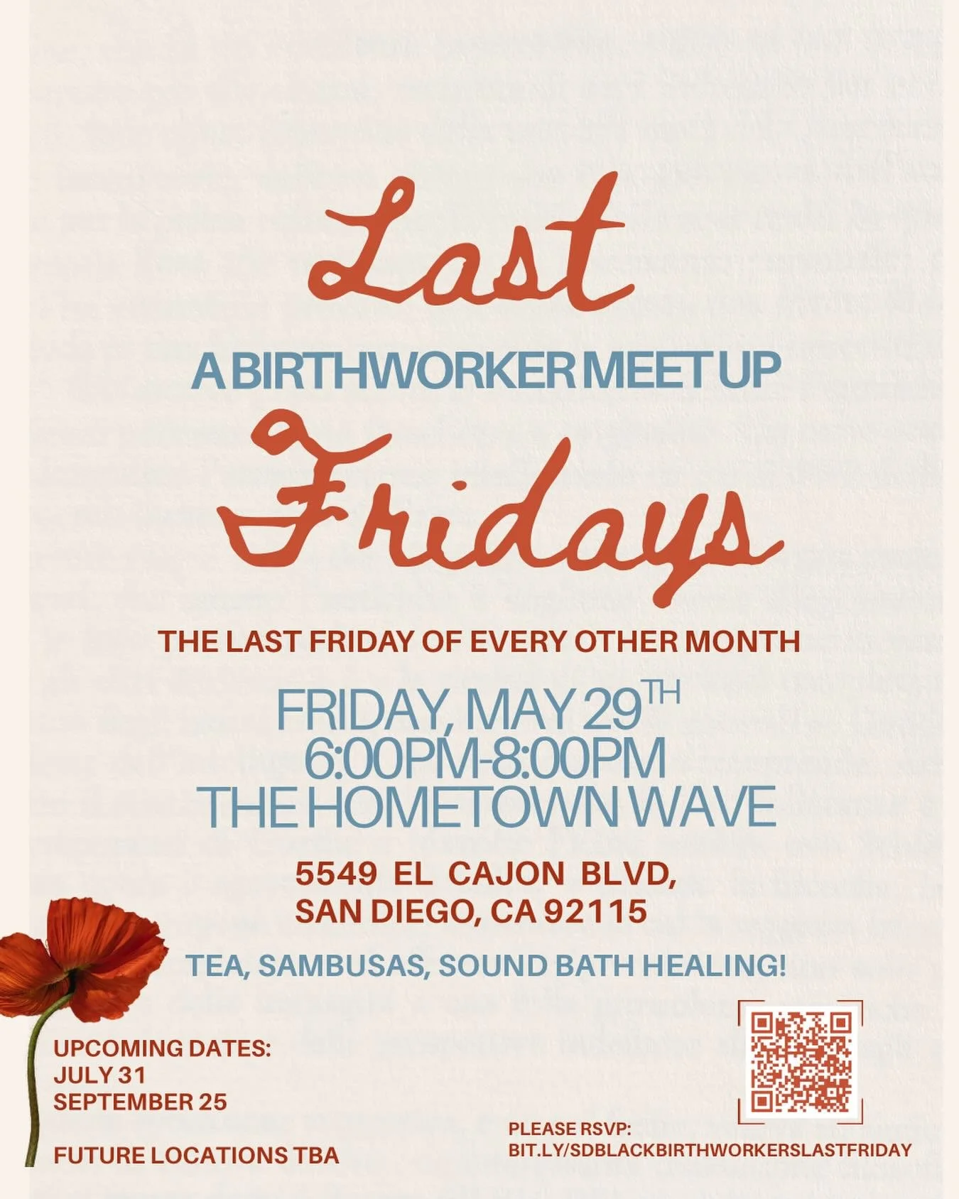 Last Fridays! A birthworker meet up!💃🏾 

Join us on May 29th at The Hometown Wave for a birthworker get together with a sound bath healing! 

Light snack and refreshments with tea and sambusas from Barakah Coffee!

RSVP 🔗 in bio!