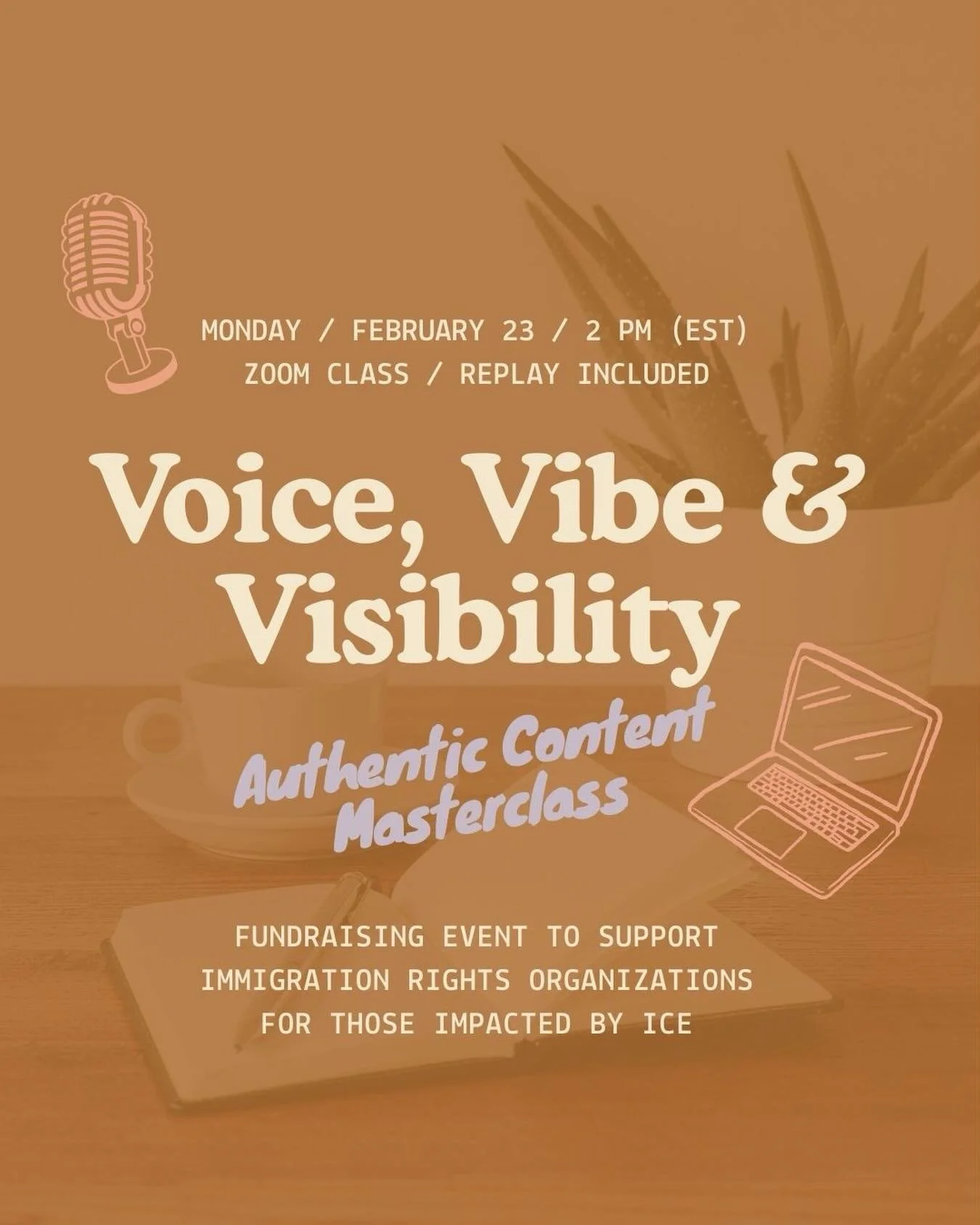 Voice, Vibe &amp; Visibility / Authentic Content Masterclass

Monday, February 23rd &bull; 2pm EST (New York time)
Zoom Group Class &bull; Replay provided

A high-impact 60-minute masterclass for coaches and creatives who are ready to show up fully e
