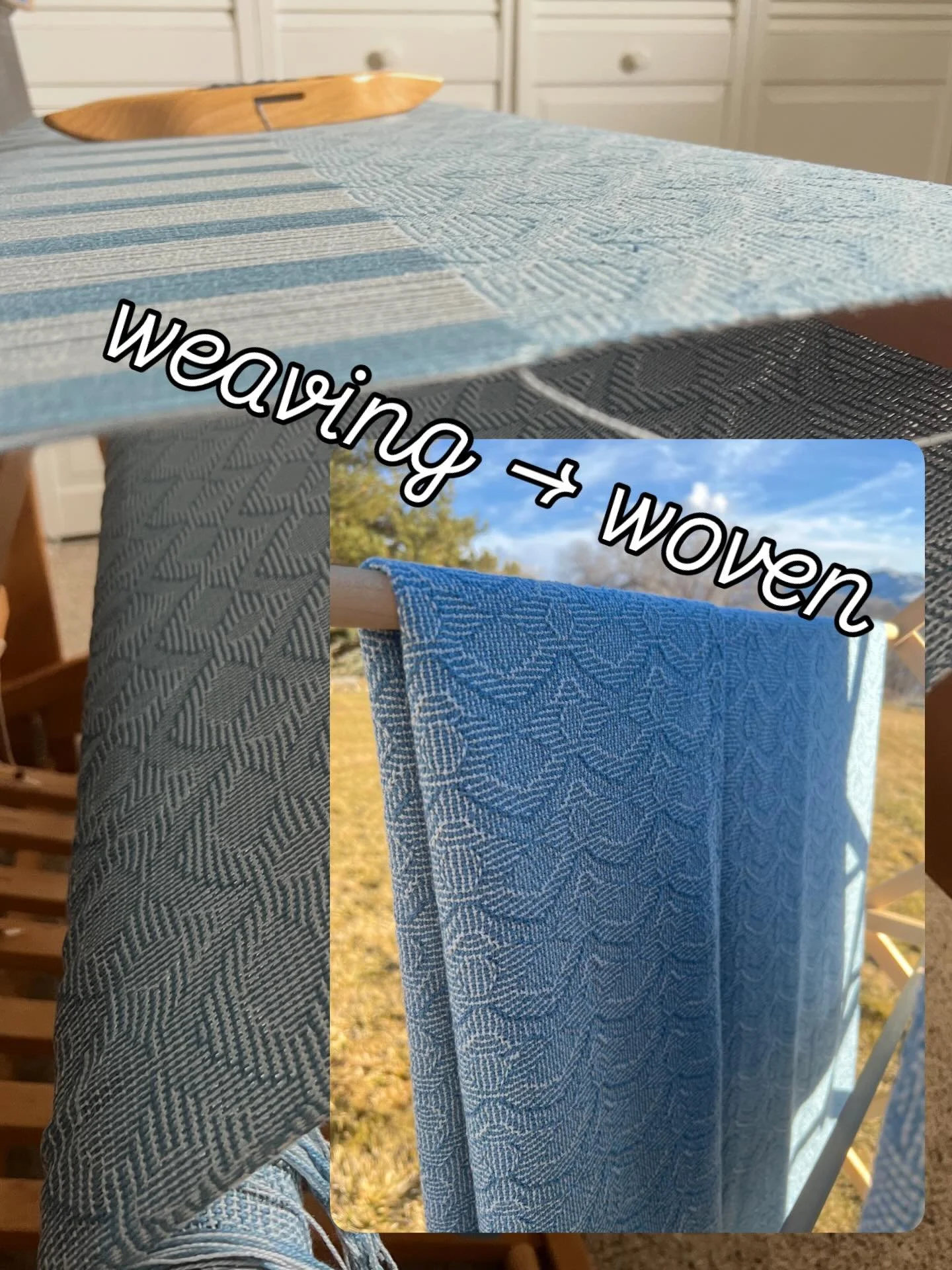 Blankets as soft and light as a blue bird day! ☀️ 💙 🐦  Same shadow weave tie up and treadling, but three different blanket patterns! 100% cotton, buttery soft, with a light drape.