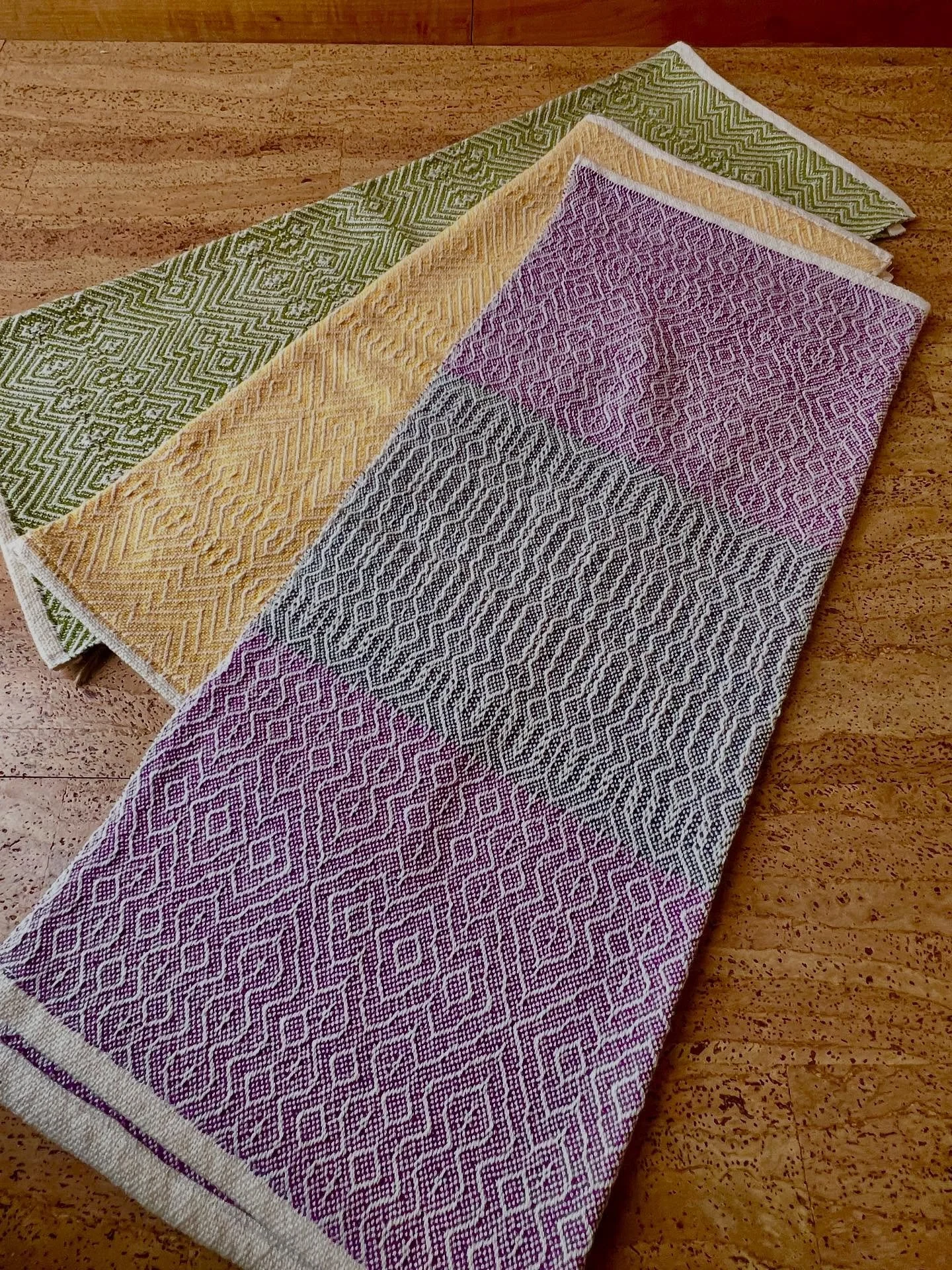 Designing multiple patterns from the same twill threading but just altering the treadling or tie up keeps it fresh! No getting tired of the same pattern over and over on the same warp. Beautiful colors of beam organic cotton on these tea towels from 