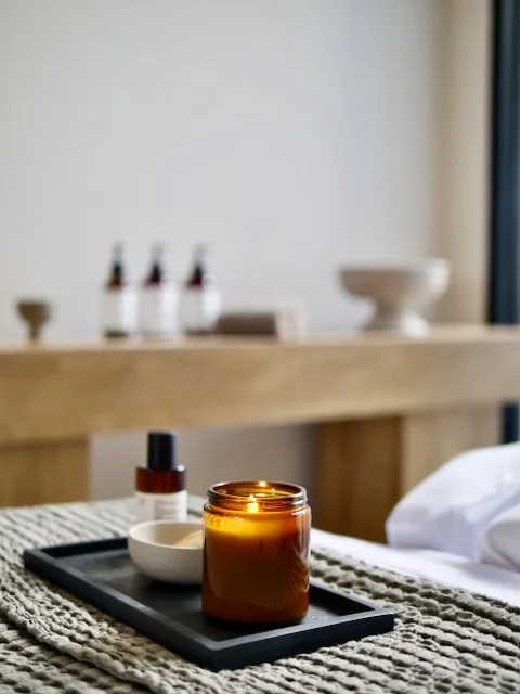 A lit candle in a brown jar on a black tray with a small white bowl nearby, placed on a textured surface in a bedroom.