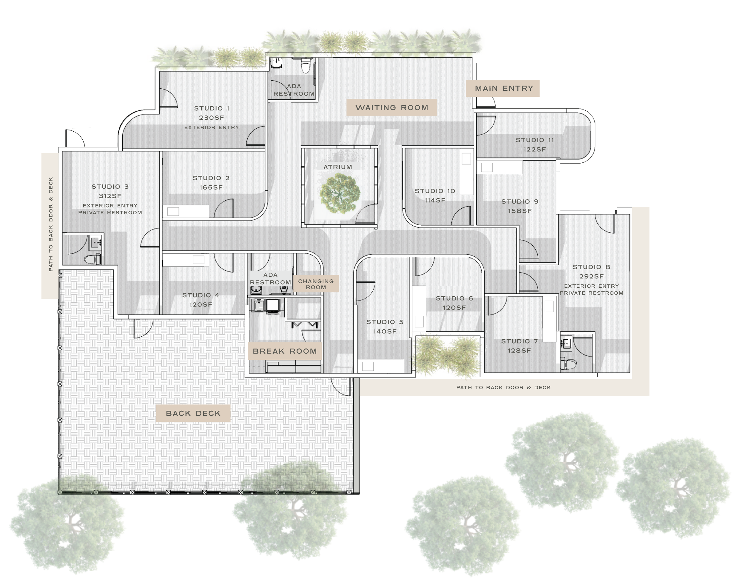 Detailed floor plan of a building with labeled rooms including studios, waiting room, atrium, ADA restroom, break room, private restrooms, outdoor deck, and landscaping elements.
