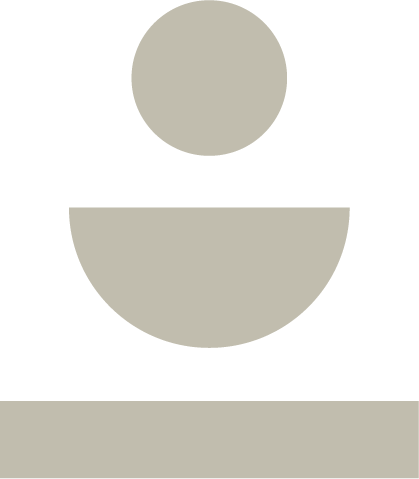 Minimalist abstract design with a small circle above a semicircle, and a rectangle below, all in a dark olive color.