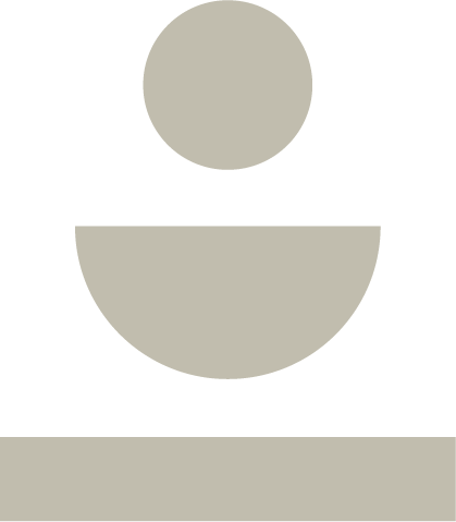 Minimalist abstract design with a small circle above a semicircle, and a rectangle below, all in a dark olive color.