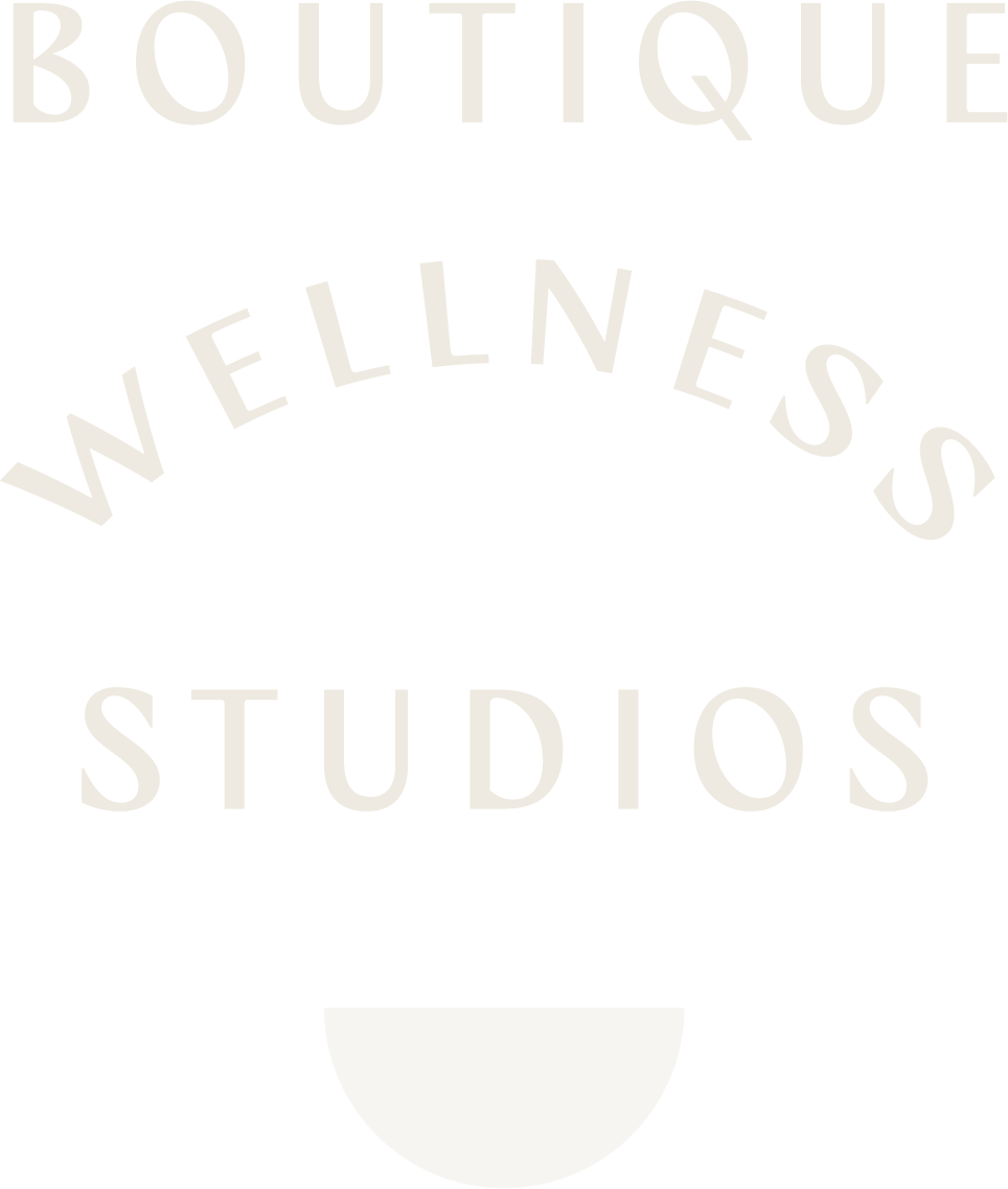 Background with the words "Boutique Wellness Studios" in large, faint text arranged in a curved pattern, with a semi-circular shape at the bottom.