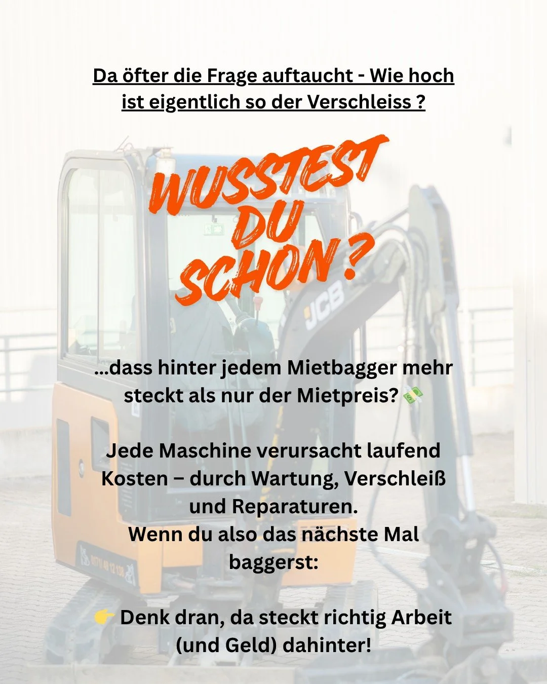 💡 Variante 1 – Informativ & sympathisch
🔧 Wartung, Verschleiß, Reparaturen – da steckt mehr dahinter, als man denkt!
Bei jedem Einsatz geben unsere Maschinen alles – und wir auch, um sie in Top-Zustand zu halten.
💰 Qua