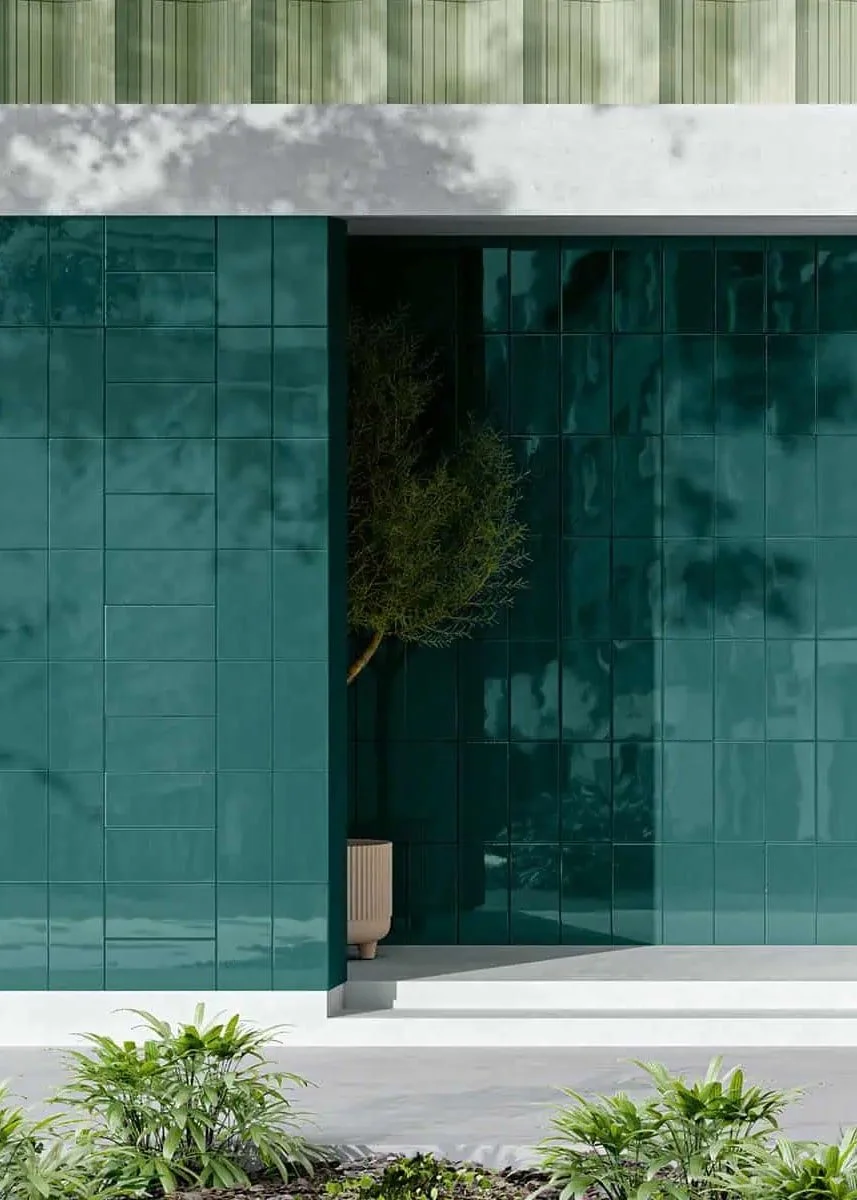 Malachite green tile wall with satin white accents – nature-inspired System color pairing.