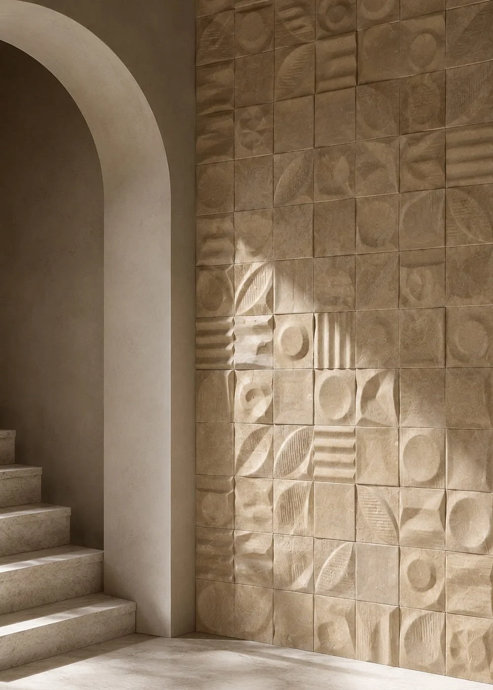 Warm Savana stone wall tile with handcrafted geometric carving and sculptural surface texture