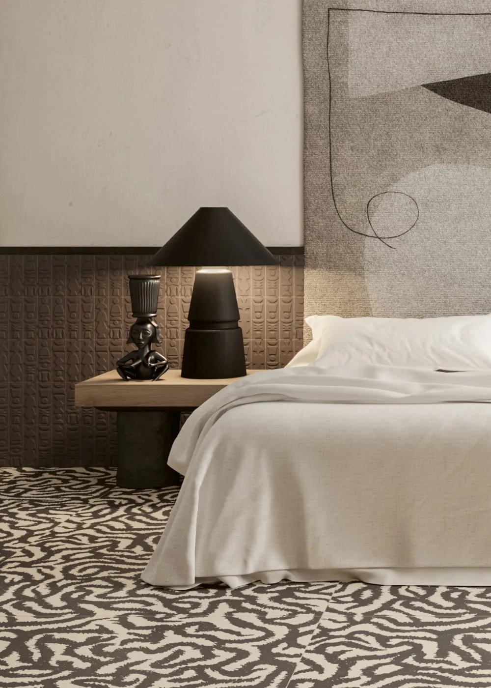 Nok Totem ebony decorative porcelain tile embossed geometric pattern modern bedroom interior
