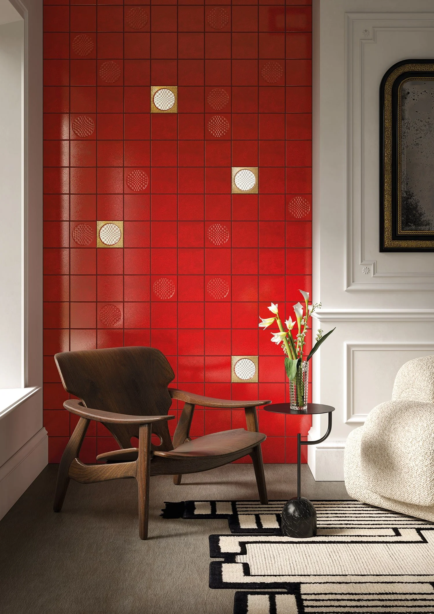Glossy red artisan tile wall with metallic décor accents from Ispirare’s Geo Oro Décor series.